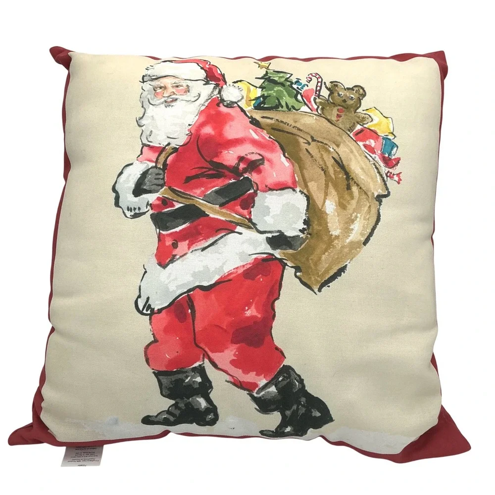 Pottery Barn Christmas Santa Claus Watercolor Throw Pillow Red Cream 20x20 2side